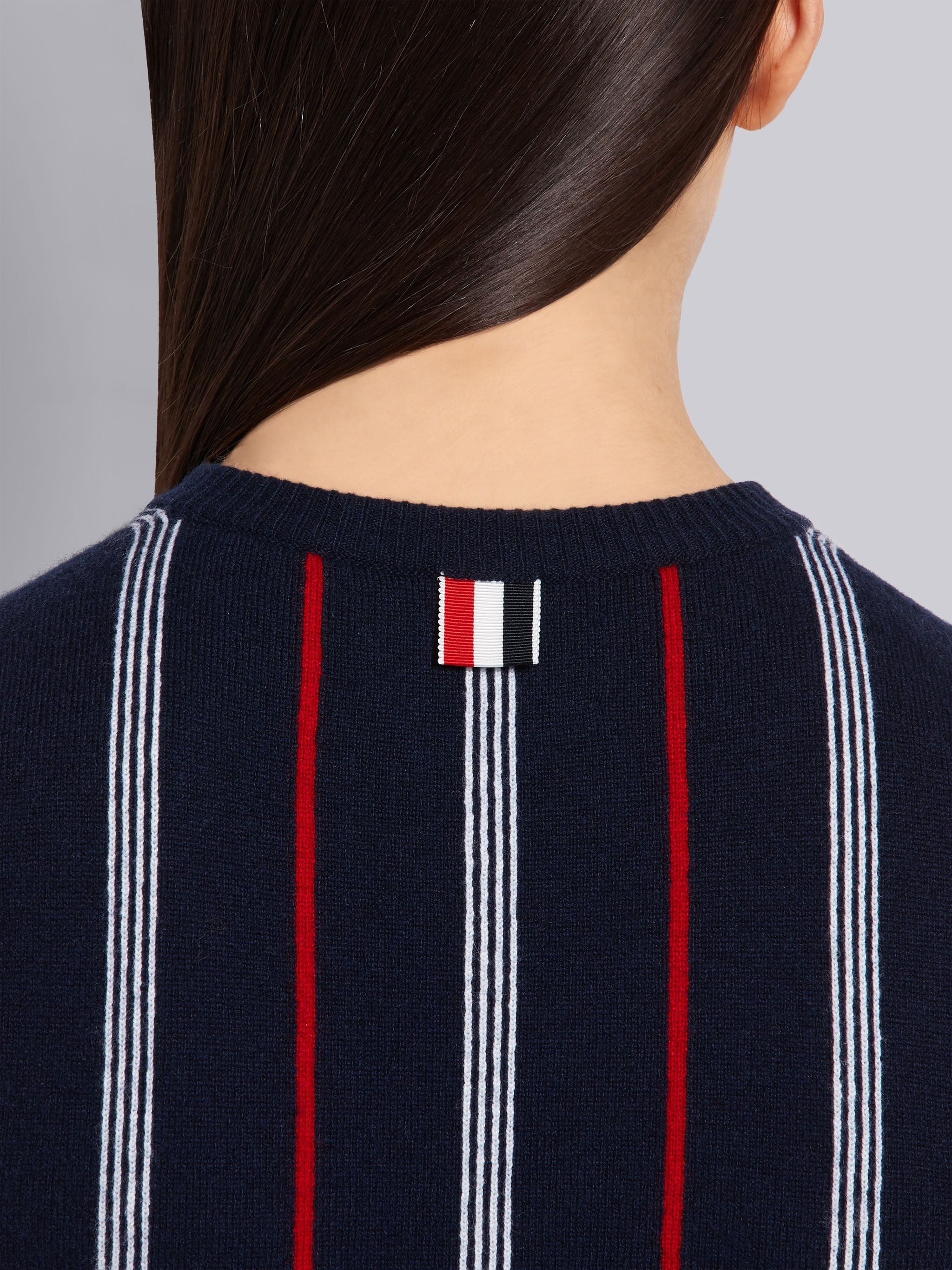 Navy Cashmere Silk Hairline Stripe Crewneck Shell Knit Top - 6