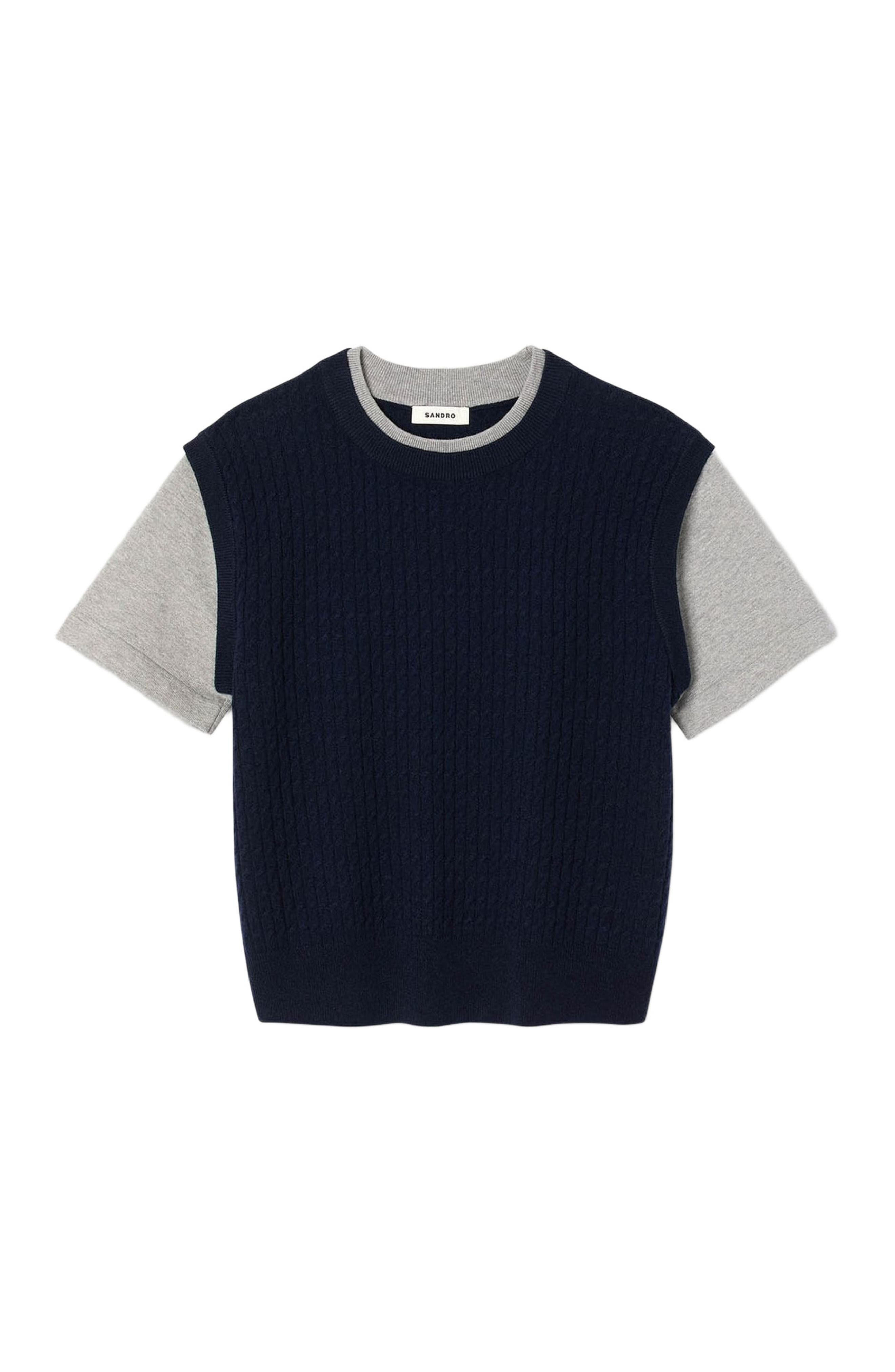 SANDRO Dual-material knit sweater in Navy /Grey at Nordstrom - 5