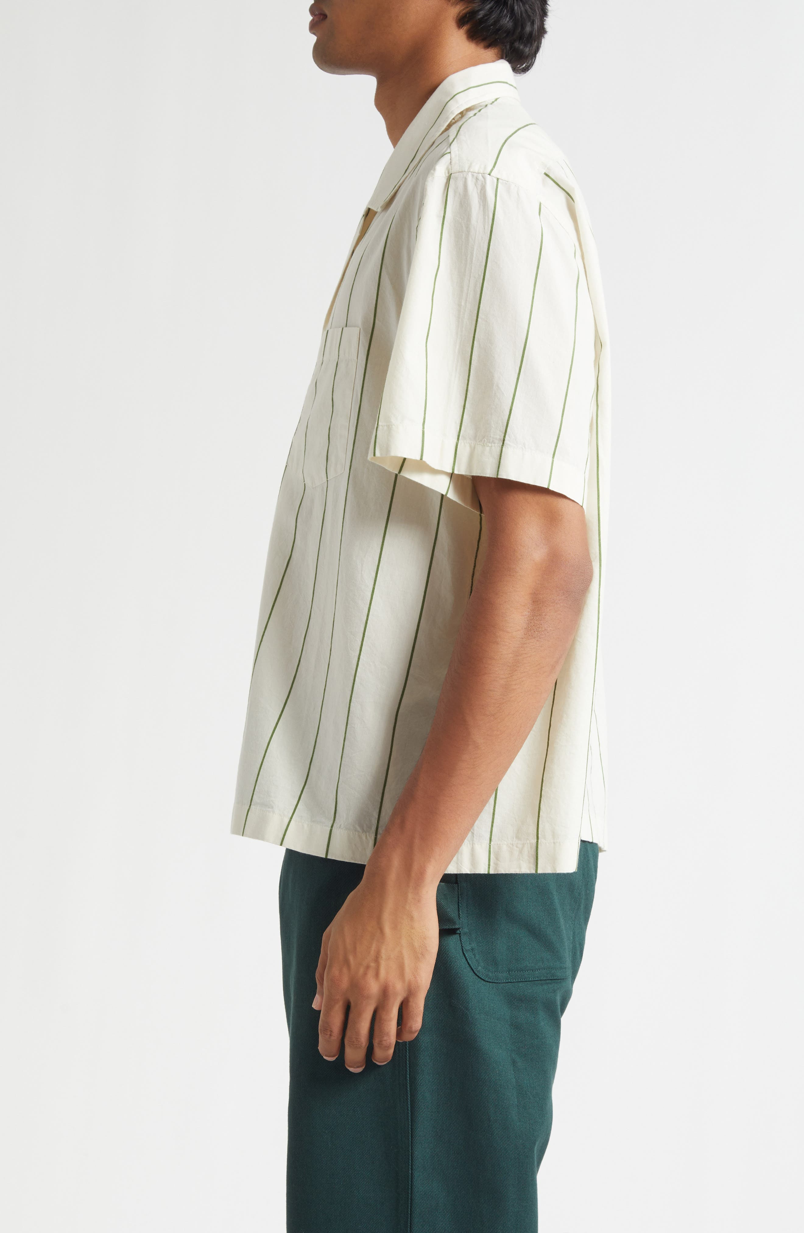 Bode Celery Stripe Short Sleeve Cotton Button-Up Shirt in Green Cream at Nordstrom - 3