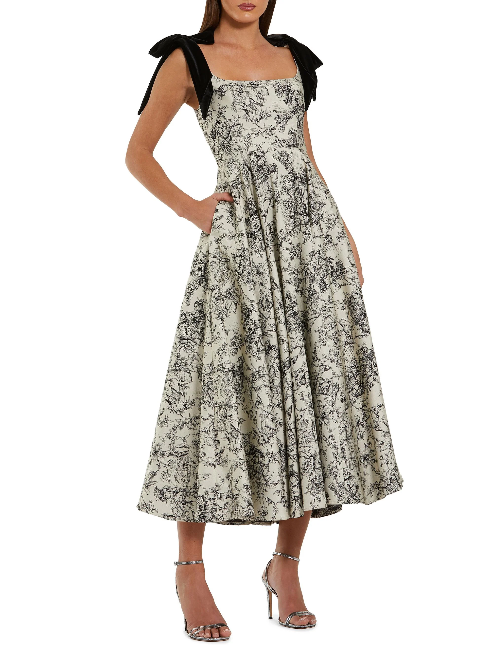 Women's Brocade Bow A-Line Midi-Dress - Black Multi - 1