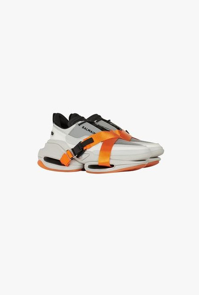 Balmain Gray and orange leather and knit B-Bold low-top sneakers with straps outlook