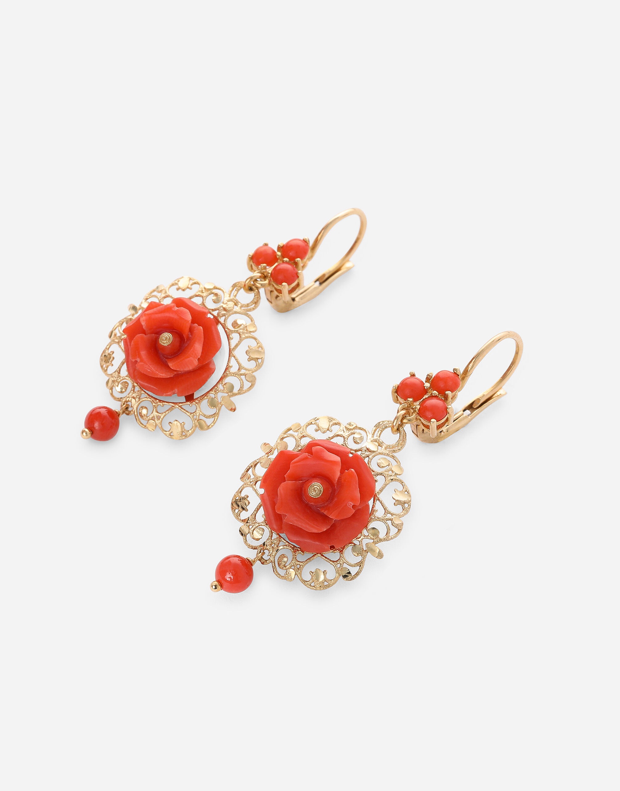 Coral leverback earrings in yellow 18kt gold with coral roses - 2