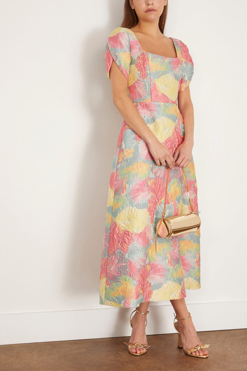 markarian Astrid Square Neck Midi Dress with Petal Sleeve in Sherbert Floral Brocade outlook