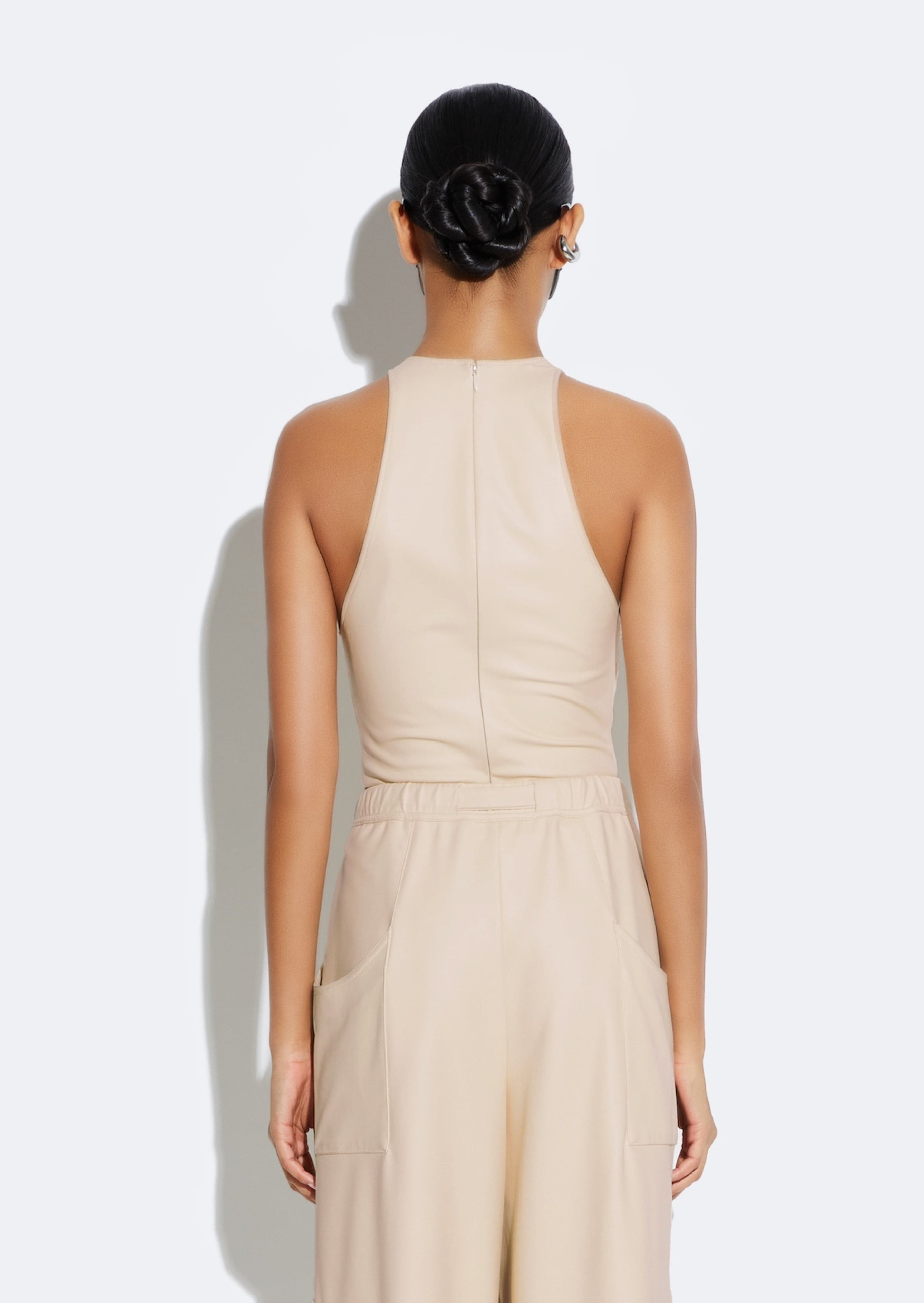 Stretch Faux Leather Plunge Neck Bodysuit - 3