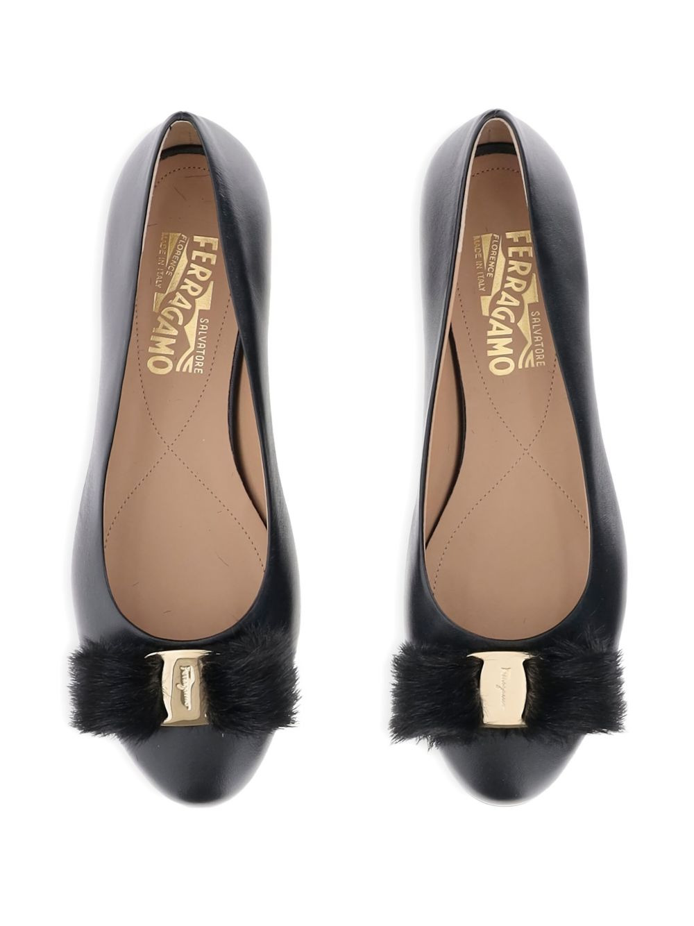 Vara leather fur-pompom ballerina shoes - 4