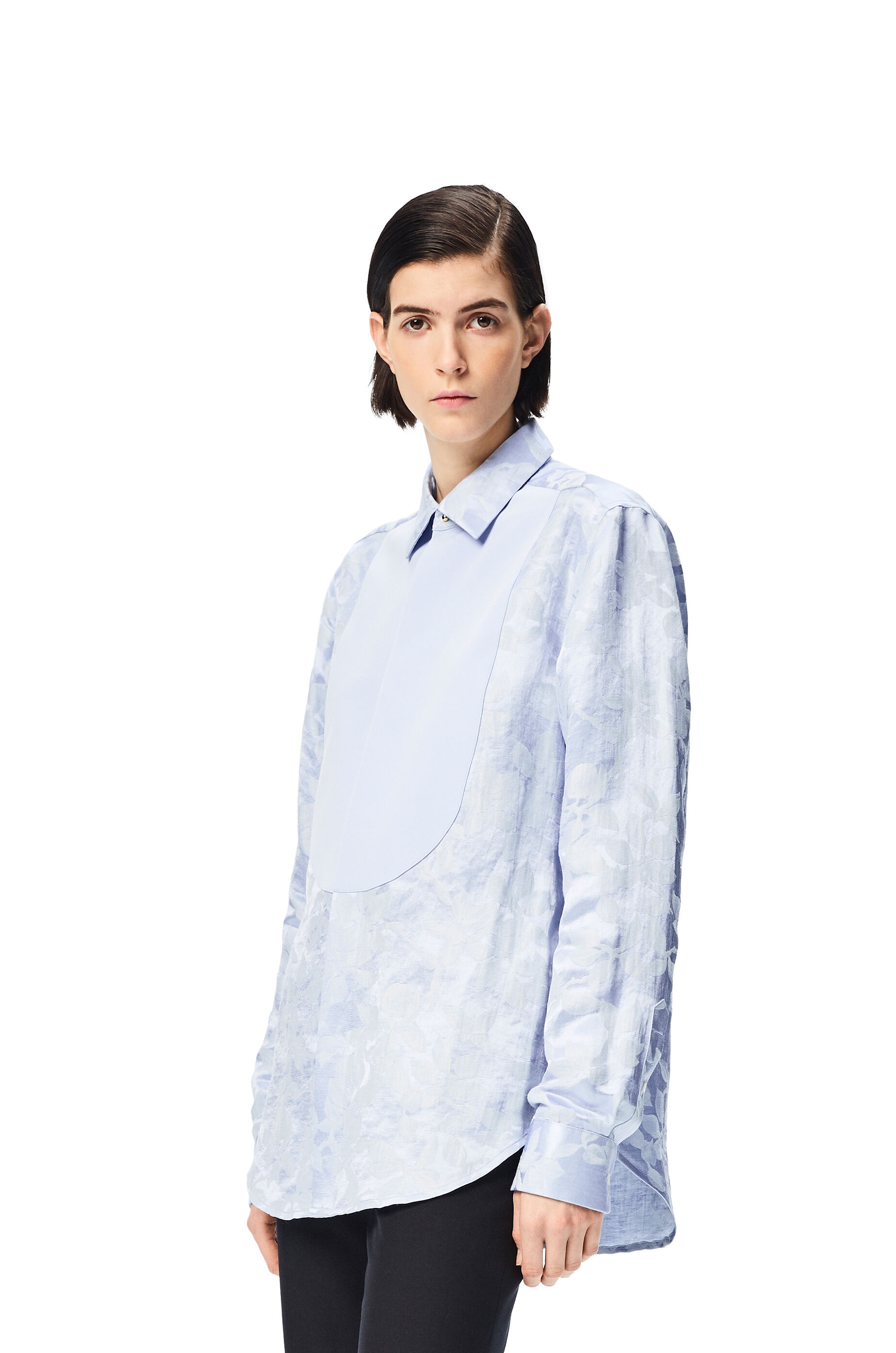 Flower jacquard bib shirt in linen and silk - 3