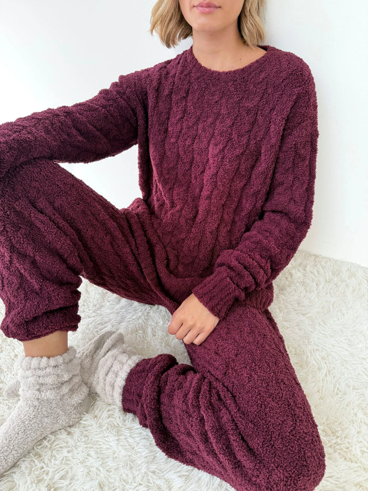 Merlot Fuzzy Cable Knit Sweater PJ Set - 1