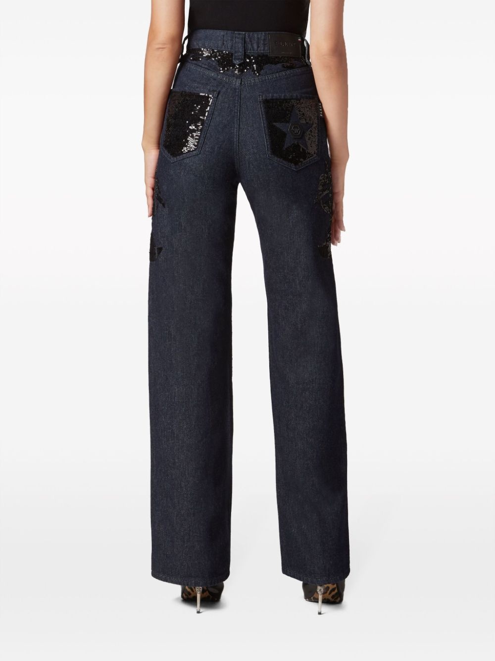 sequin-embellished high-rise wide-leg jeans - 4