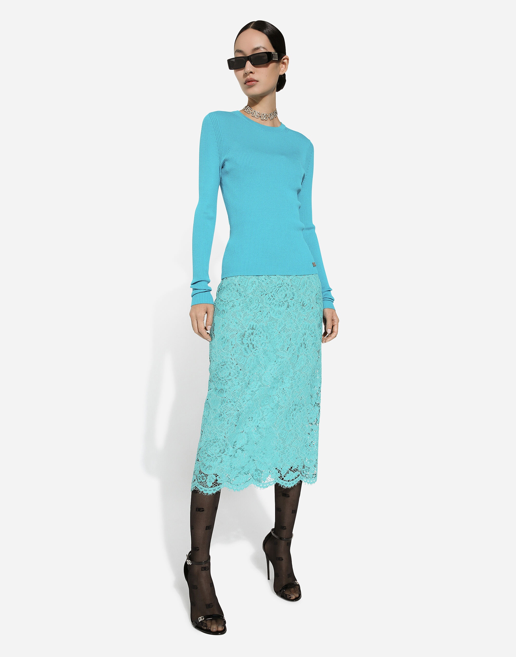 Branded floral cordonetto lace pencil skirt - 5