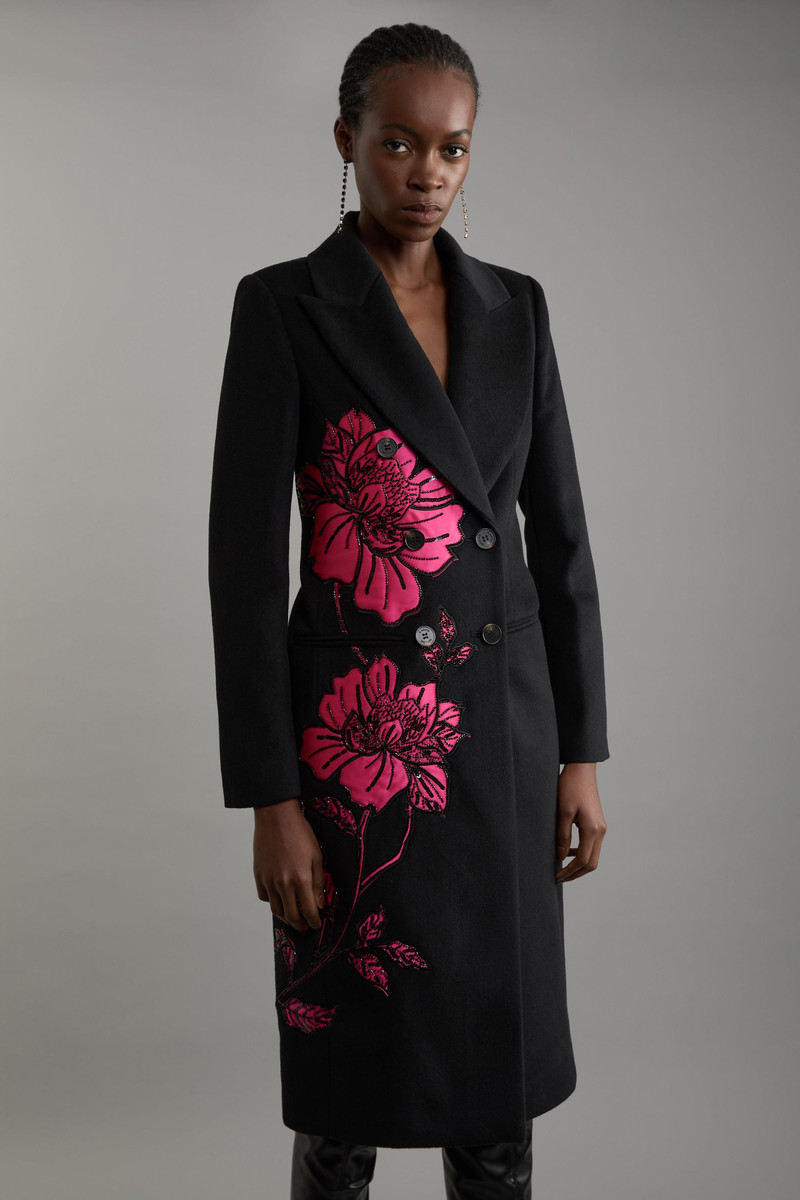 Petite Wool Blend Taffeta Applique Embellished Double Breasted Tailored Coat 1