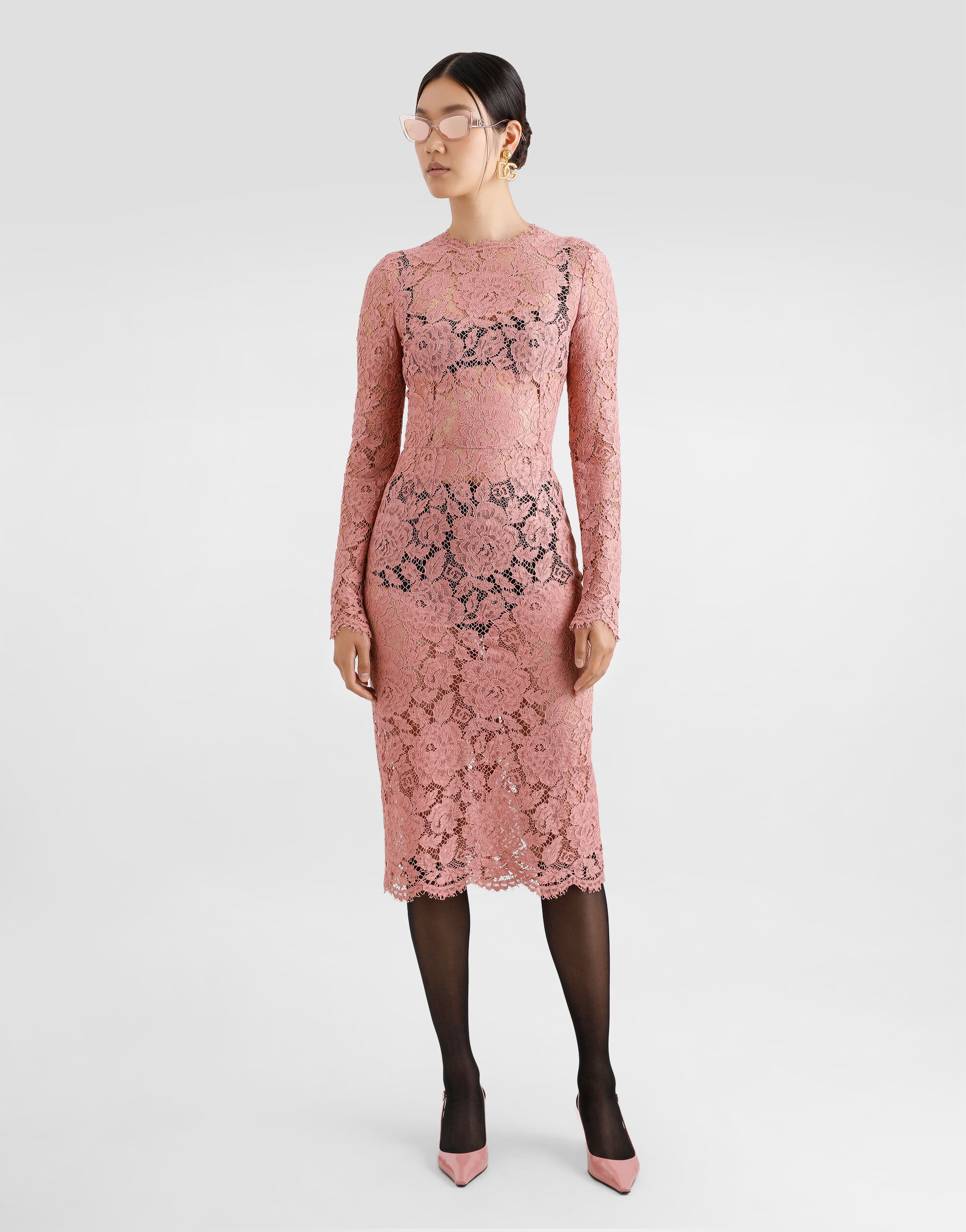 Calf-length sheath dress in branded floral cordonetto lace - 2