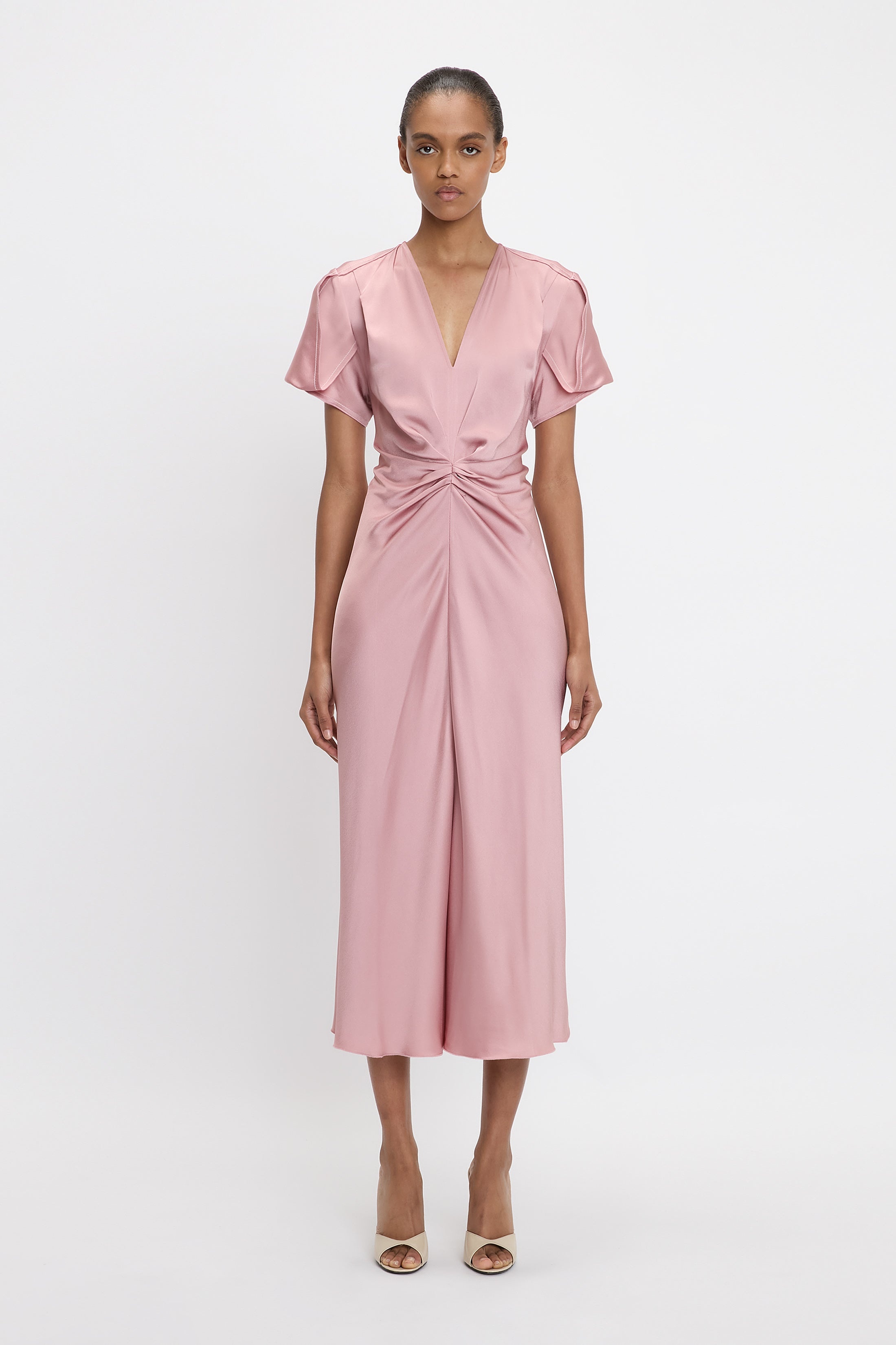 Gathered V-Neck Midi Dress In Peony - 2