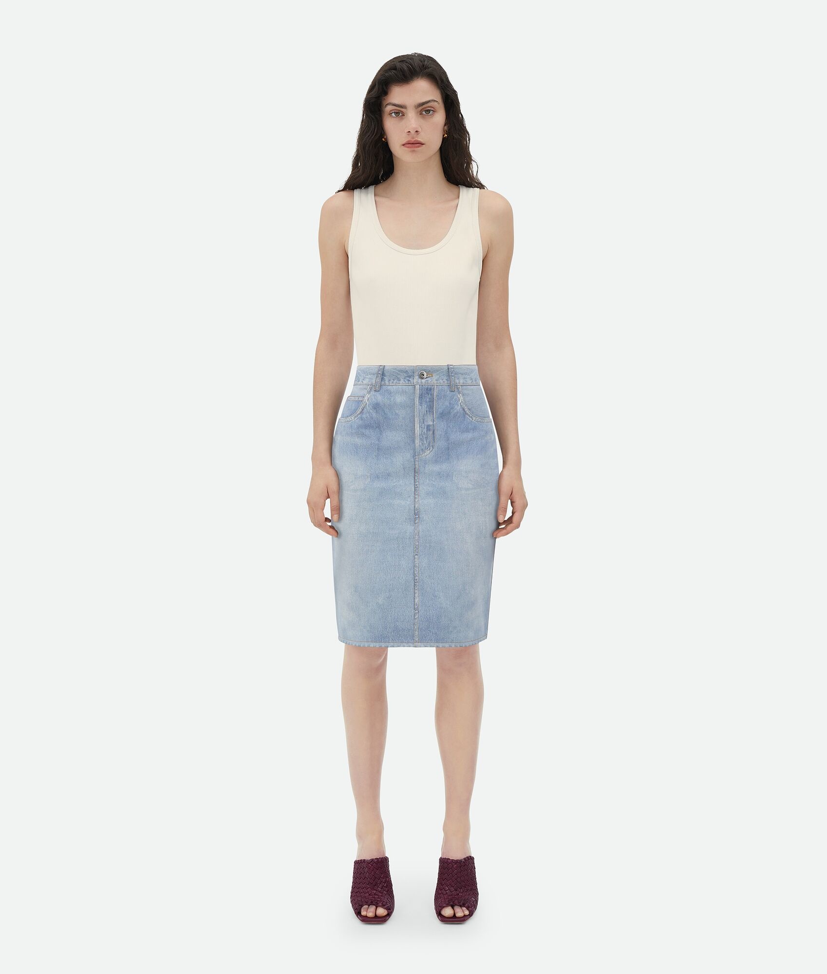 Printed Leather Denim Midi Skirt - 1