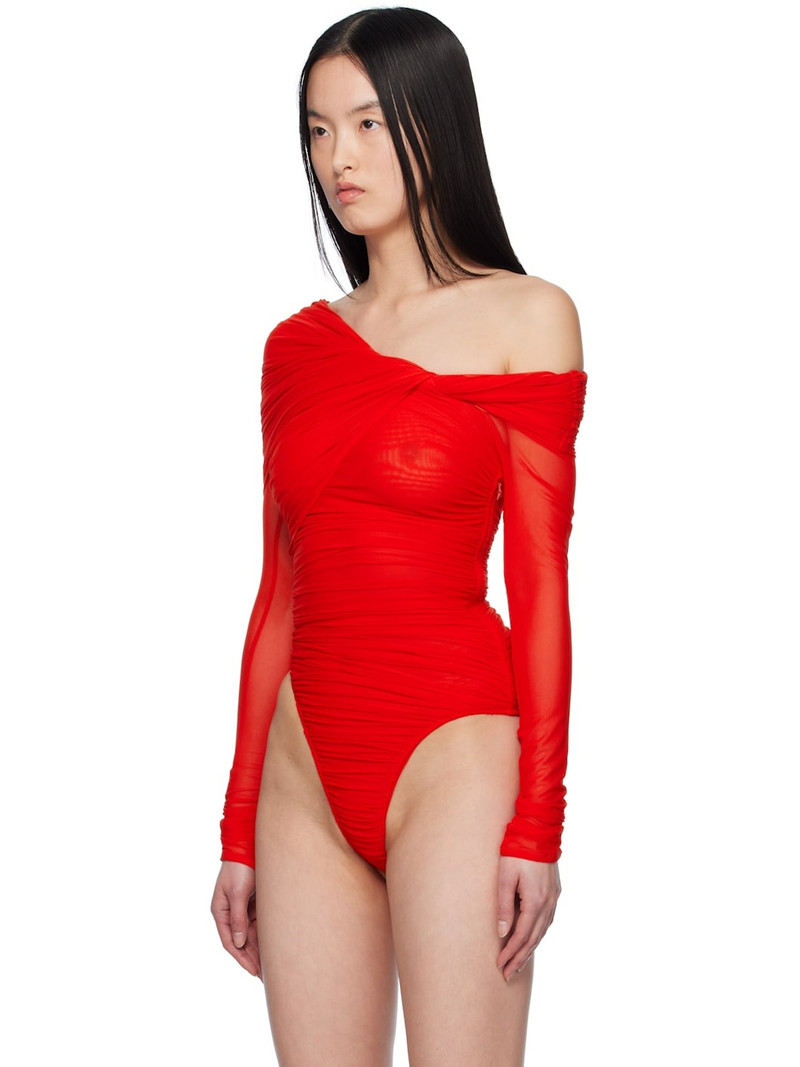 MUGLER Red Off-Shoulder Ruched Bodysuit outlook