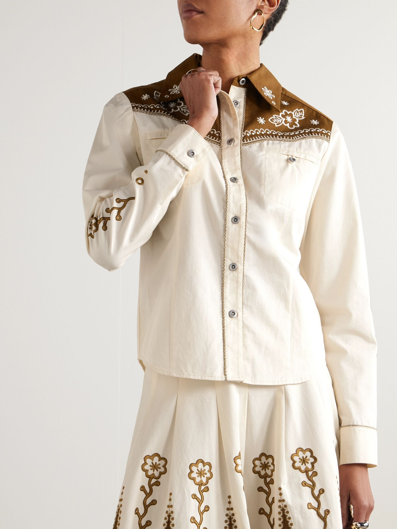 Rodeo embroidered cotton-drill shirt Cream - 3