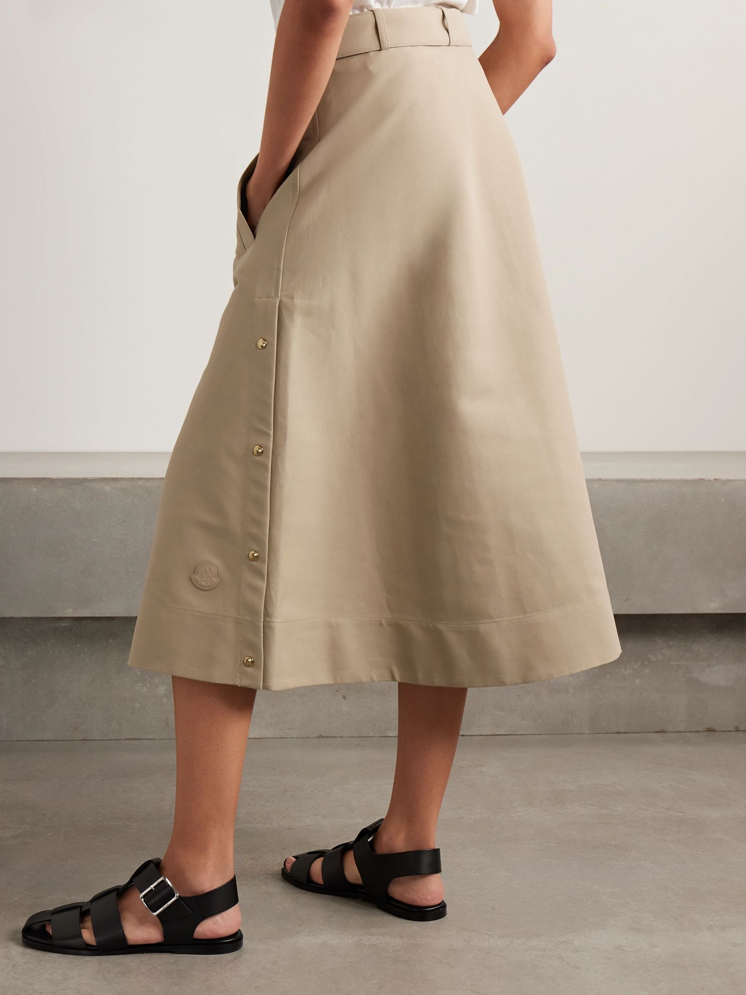 Belted cotton-gabardine midi skirt Tan - 4