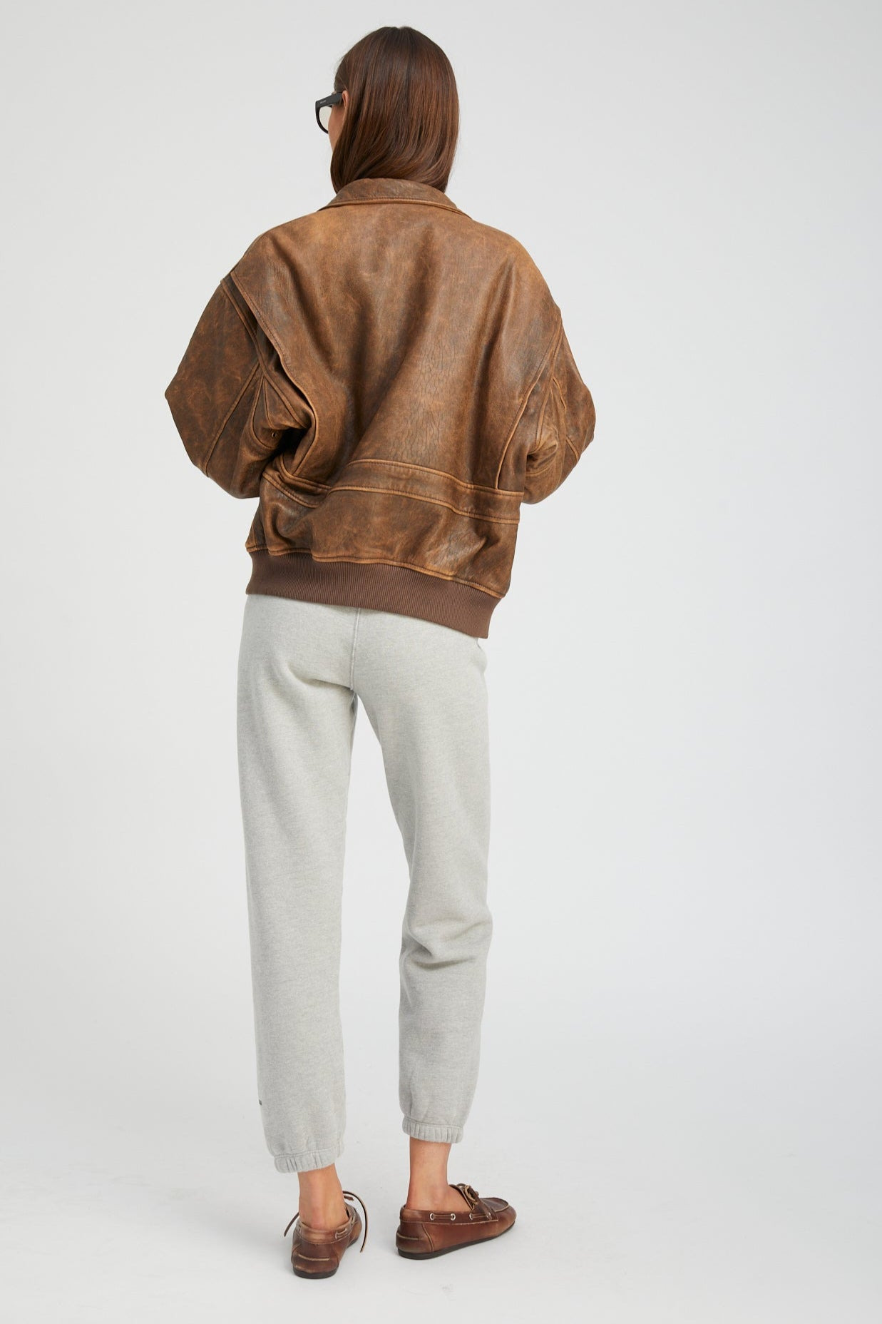BROWN DISTRESSED LEATHER AVIATOR JACKET - 4