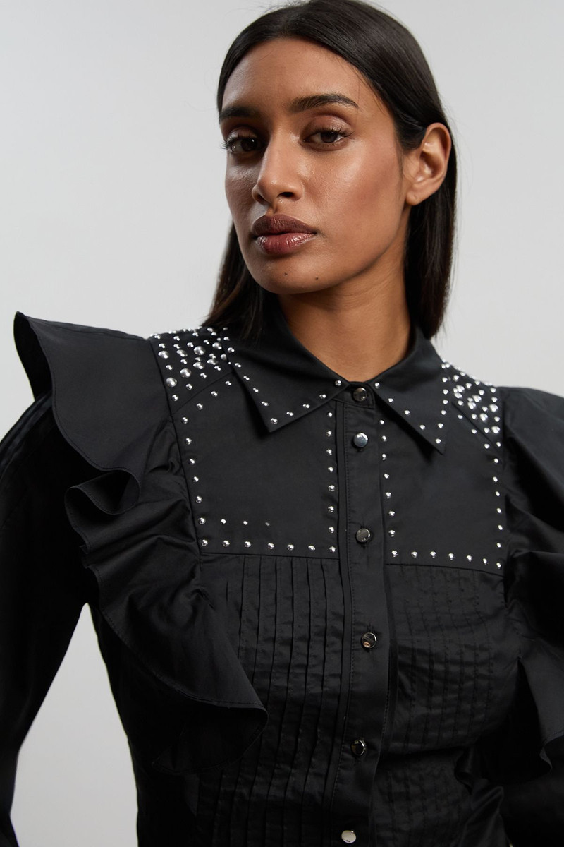 KAREN MILLEN Cotton Sateen Drama Sleeve Studded Woven Maxi Shirt outlook