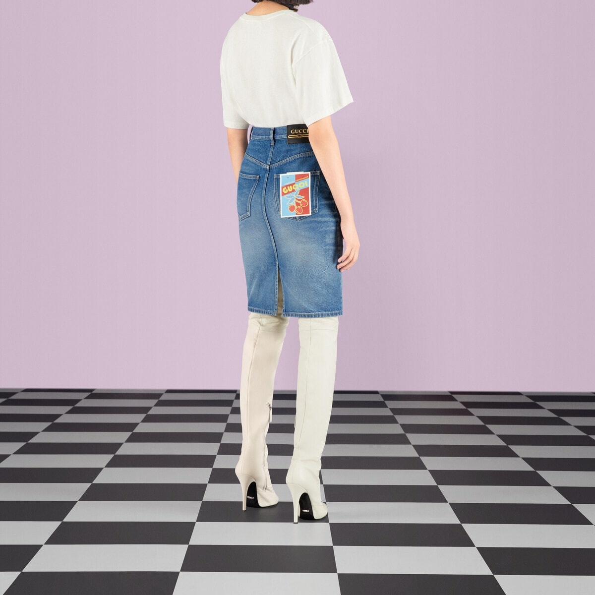 Denim skirt with Gucci label - 7