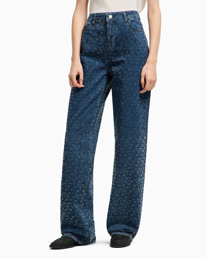 EMPORIO ARMANI J4G HIGH-RISE WIDE-LEG DENIM JEANS WITH ALL-OVER RHINESTONES outlook