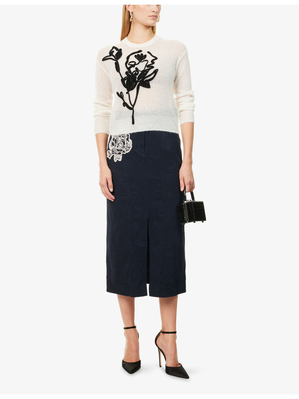 Flower-Embroidered A-Line Cotton-Blend Midi Skirt - 2
