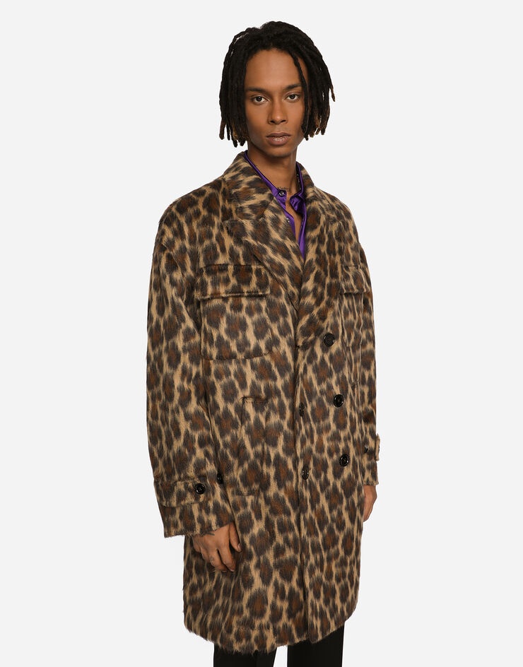 Double-breasted wool jacquard coat with leopard design - 1