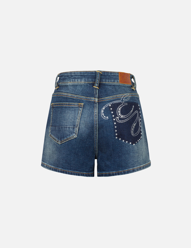 “EV” Rhinestone Embellished Loose Fit Denim Shorts - 1