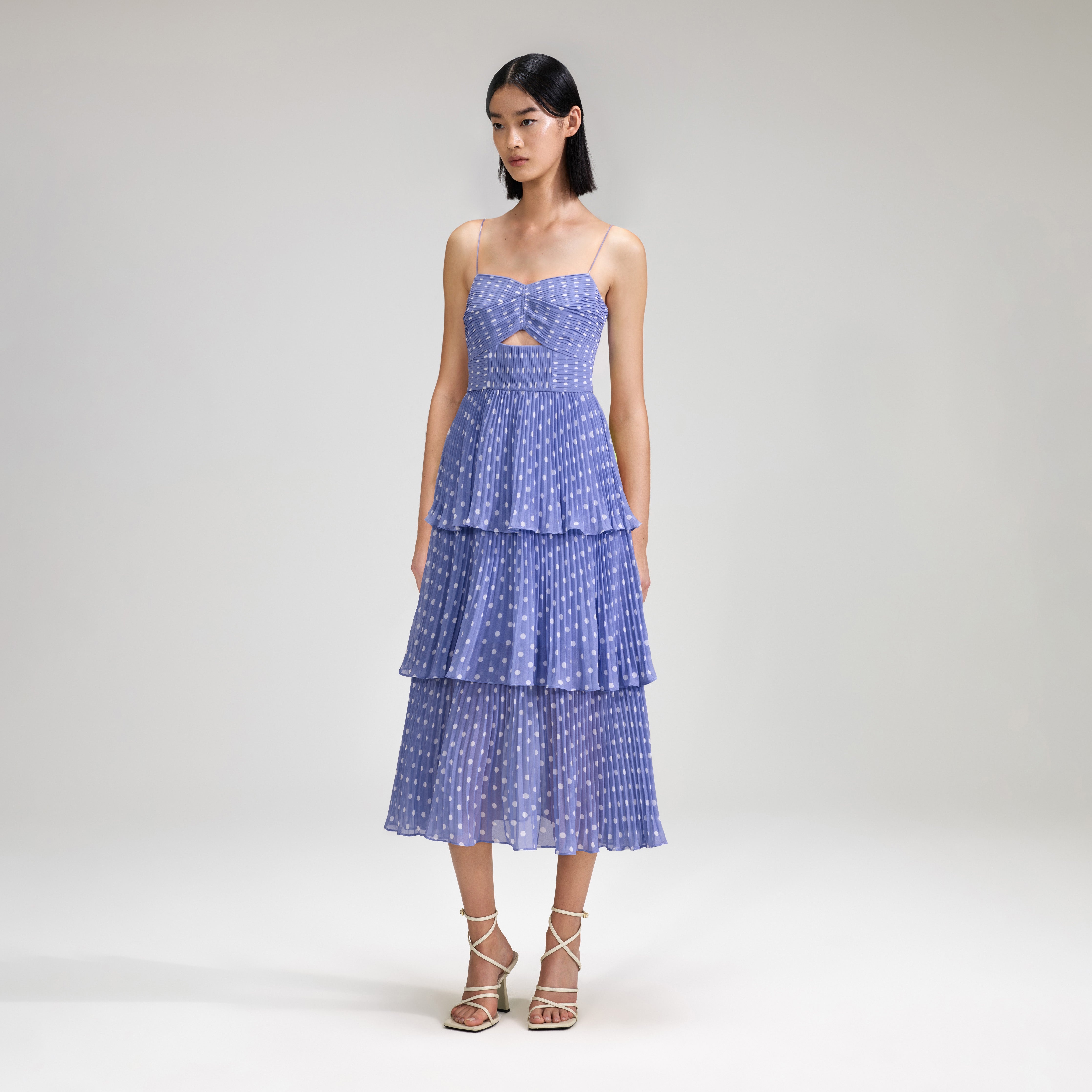 Lilac Polka Dot Tiered Chiffon Midi Dress - 2