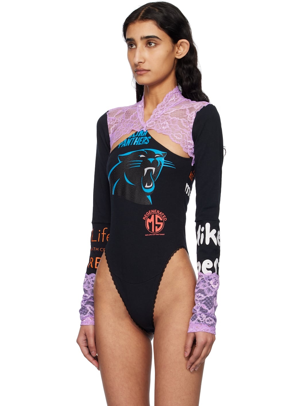 Black Regenerated T-shirts & Lace Long Sleeve Bodysuit - 4