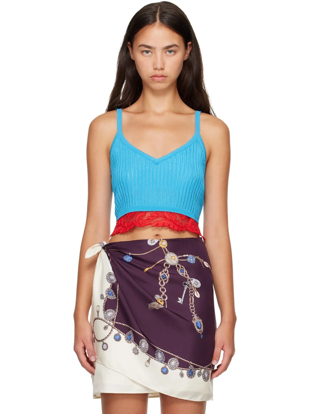 Blue Lace-Trim Viscose-Blend Ribbed Knit Tank Top - 1