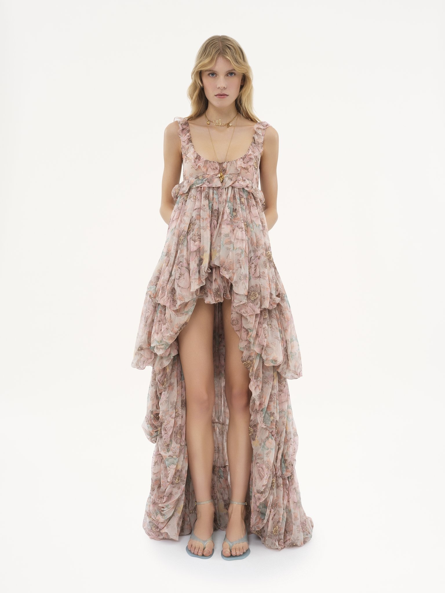HIGH-LOW RUFFLED DRESS IN SILK MOUSSELINE - 3