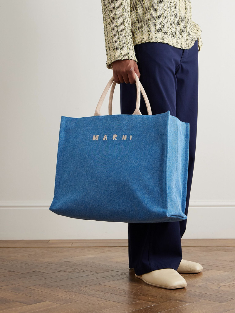 Marni Logo-Embroidered Webbing-Trimmed Stonewashed Denim Tote Bag Blue outlook