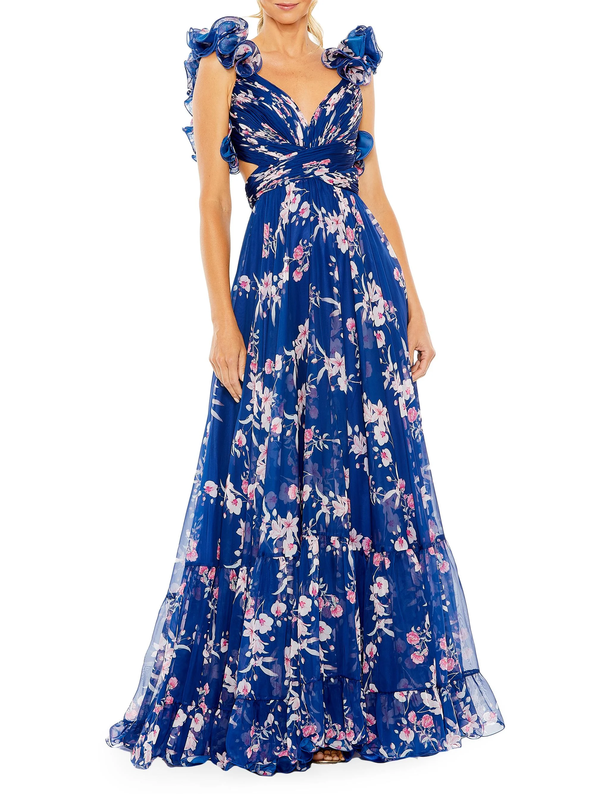 Women's Floral Ruffled Tiered Chiffon Gown - Blue Multi - 1