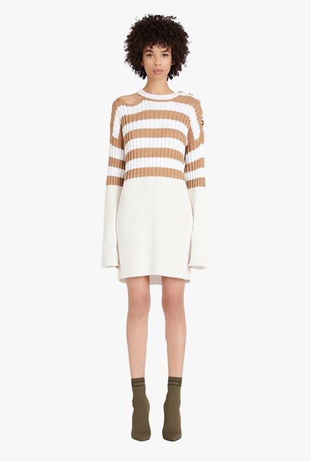 Ecru and sand-colored striped eco-designed wool dress - 4