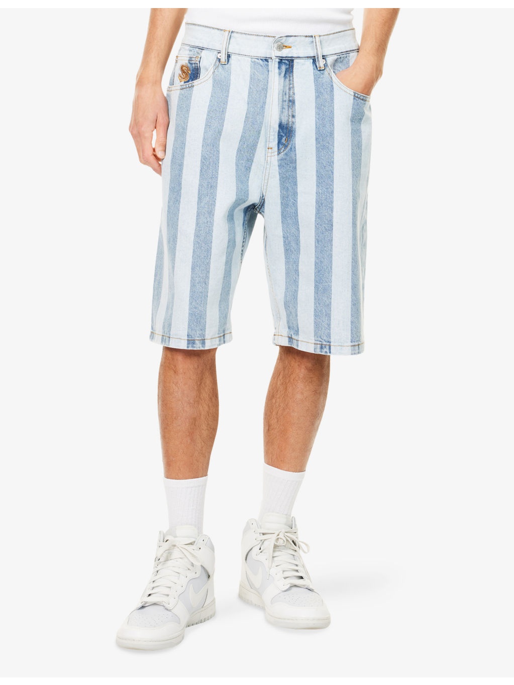 Striped Embroidered Denim Shorts - 3