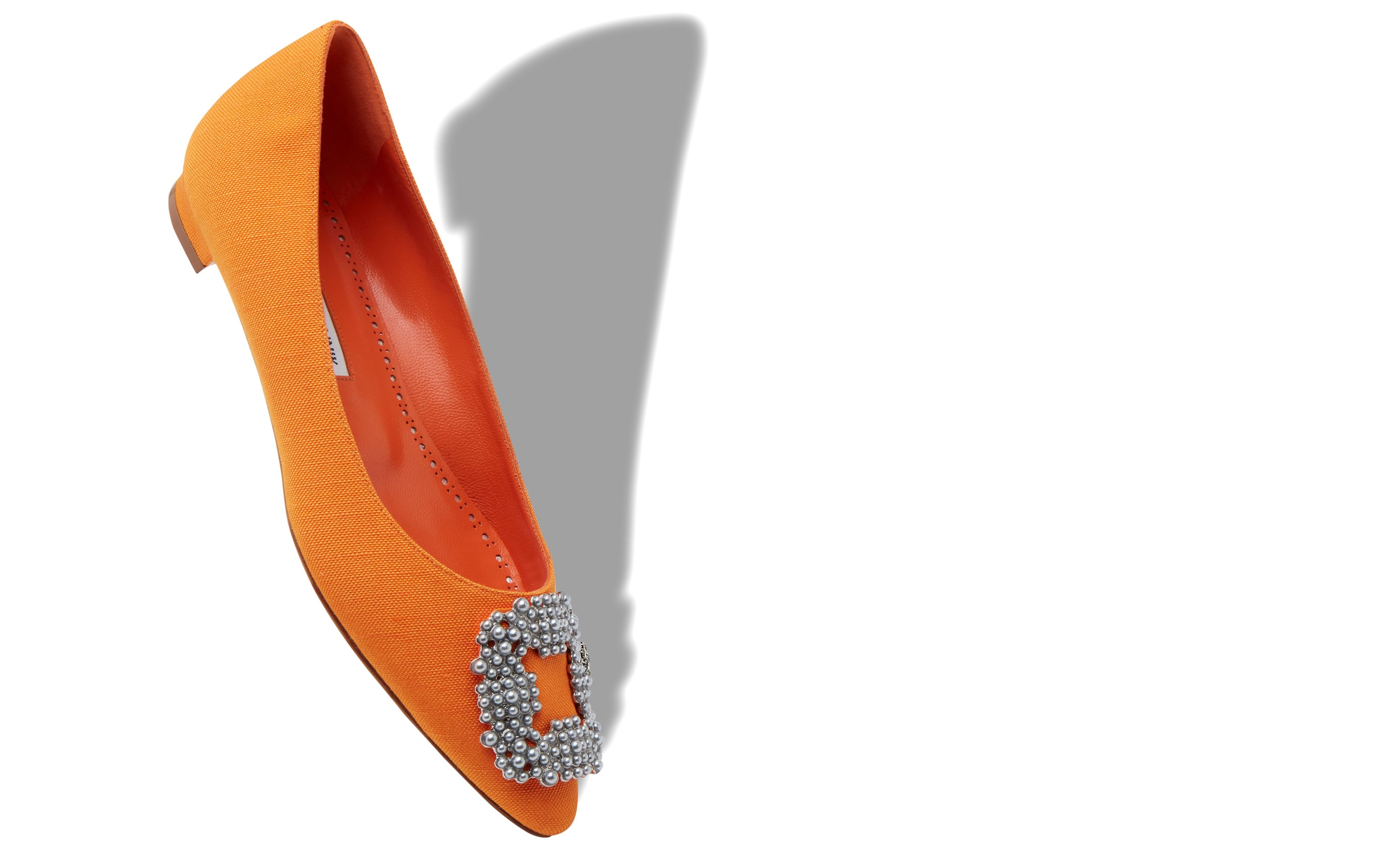 Orange Linen Pearl Buckle Flat Shoes - 2