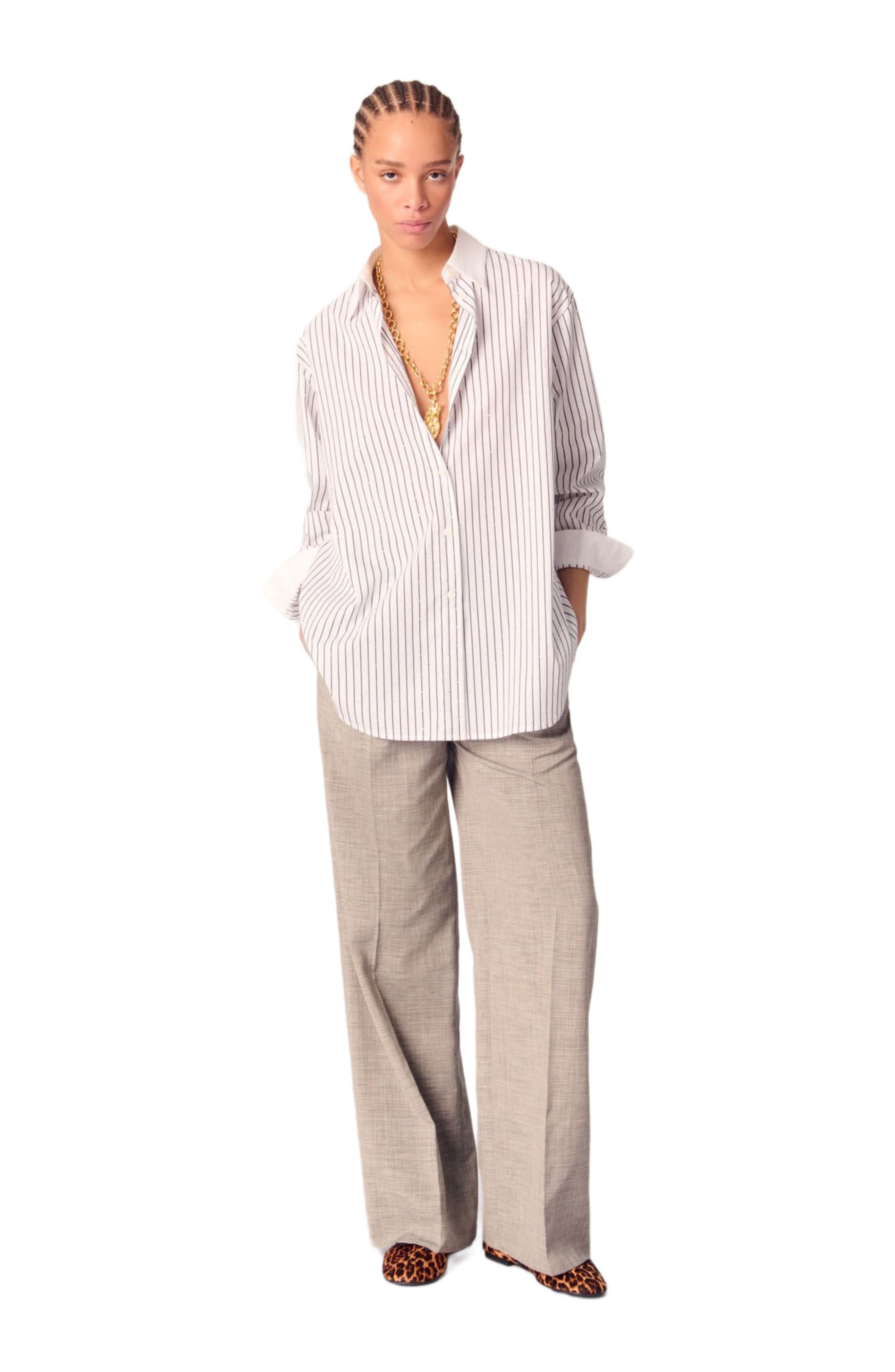 maje Rhinestone striped shirt in Black /White Stripes at Nordstrom - 1