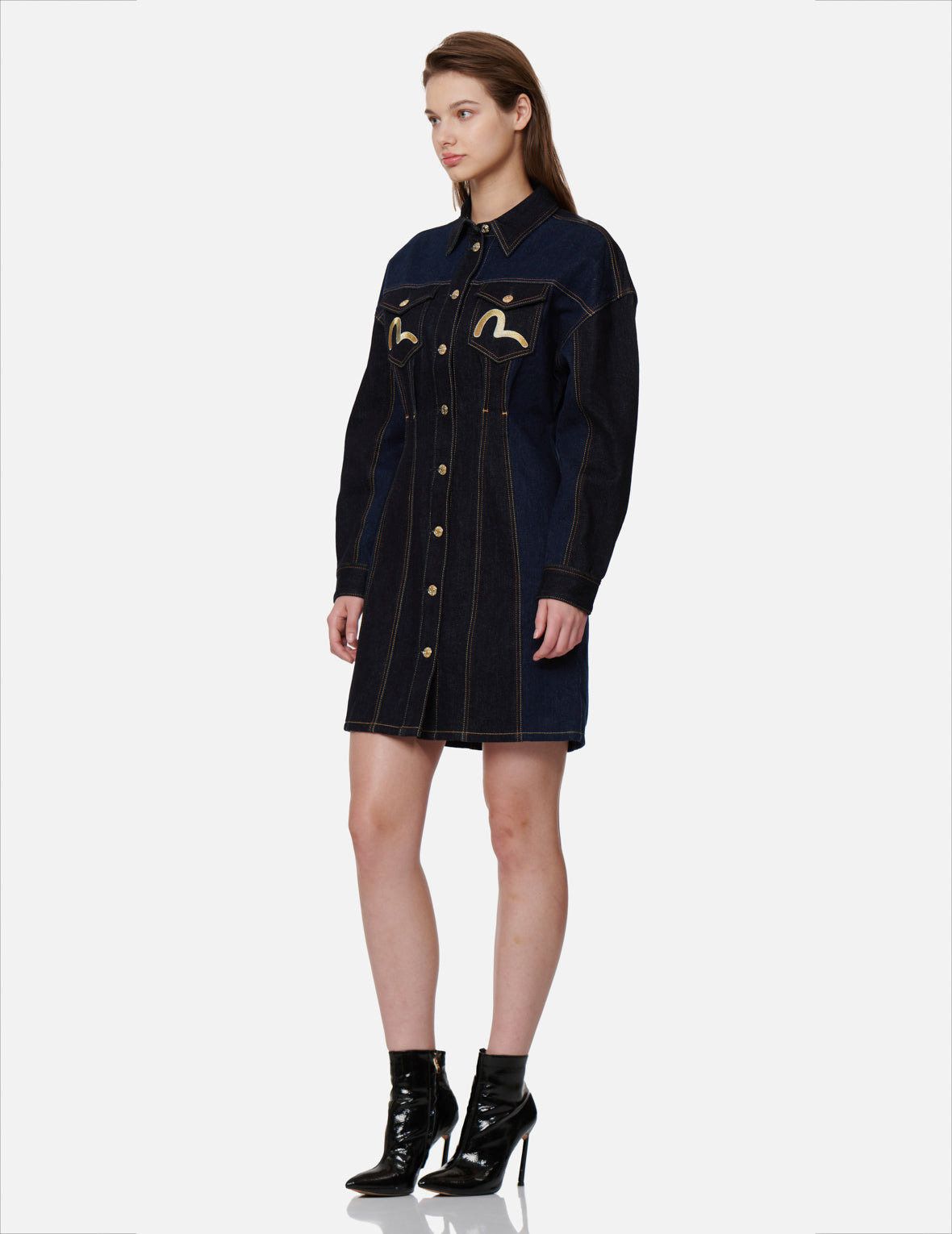 SEAGULL AND KAMON EMBROIDERY DENIM BLOCKING DRESS - 3