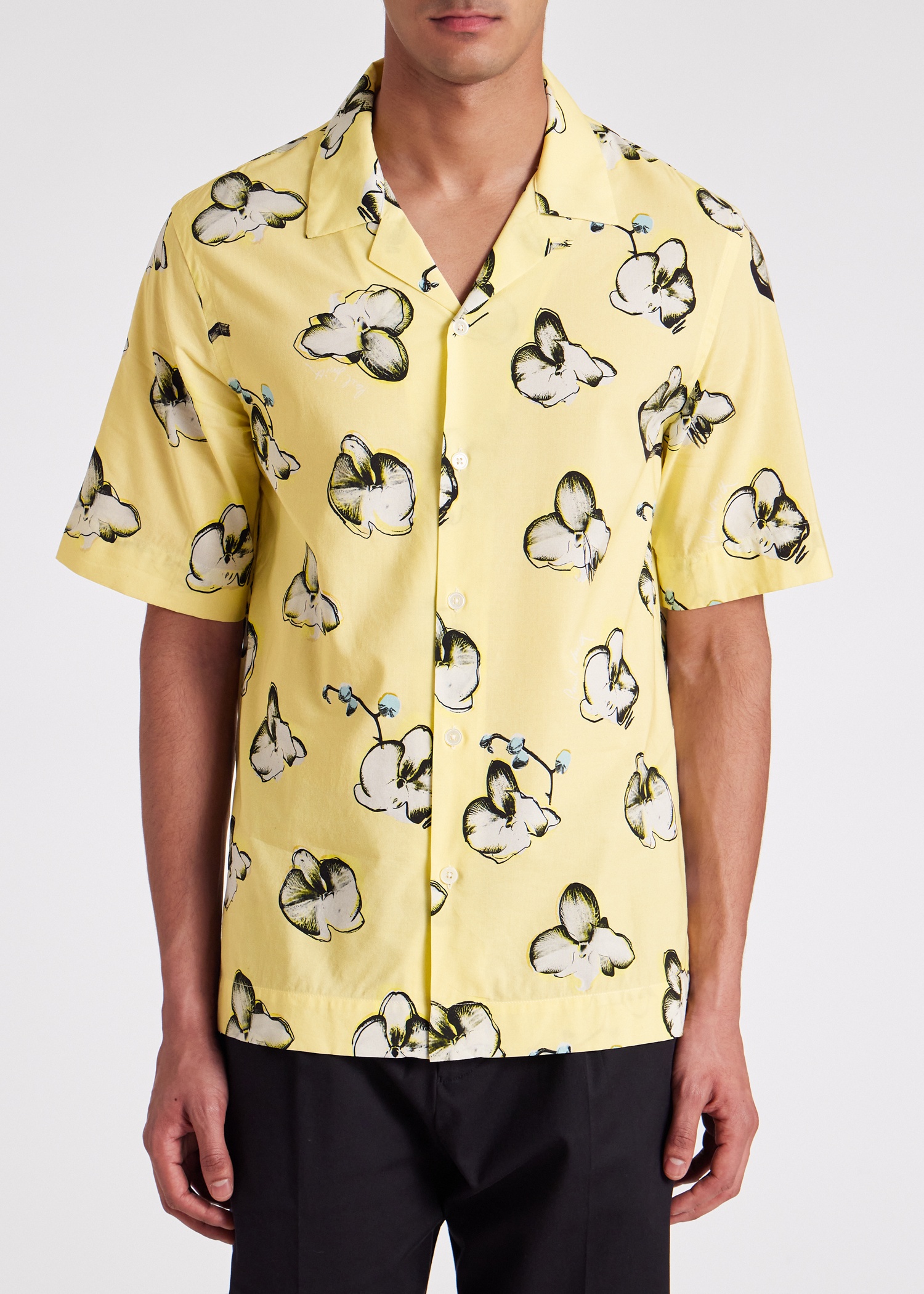 Yellow 'Orchid' Print Viscose-Blend Short-Sleeve Shirt - 5