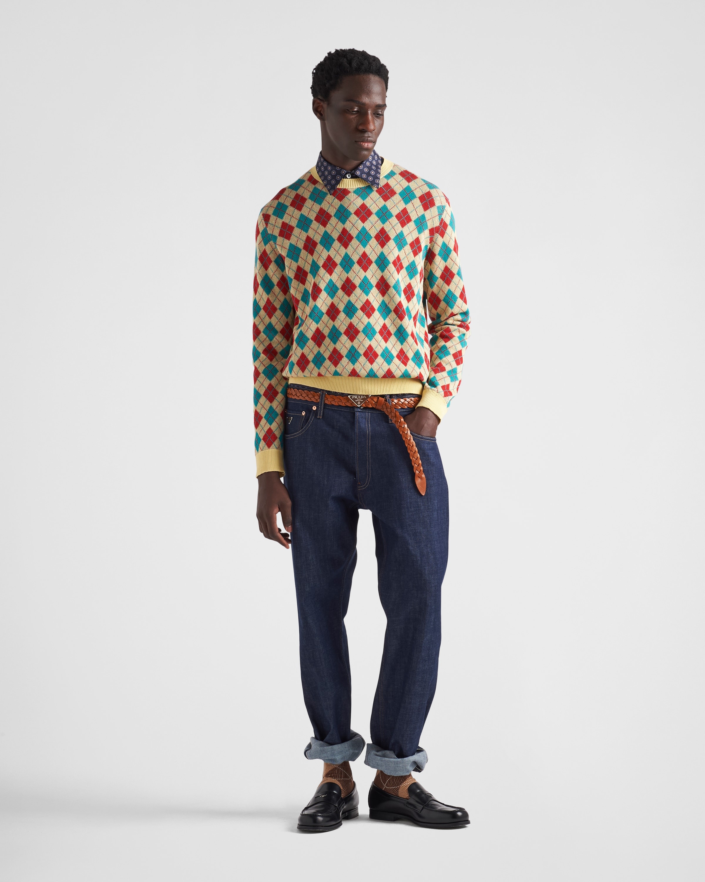 Cotton crew-neck sweater with diamond motif - 2