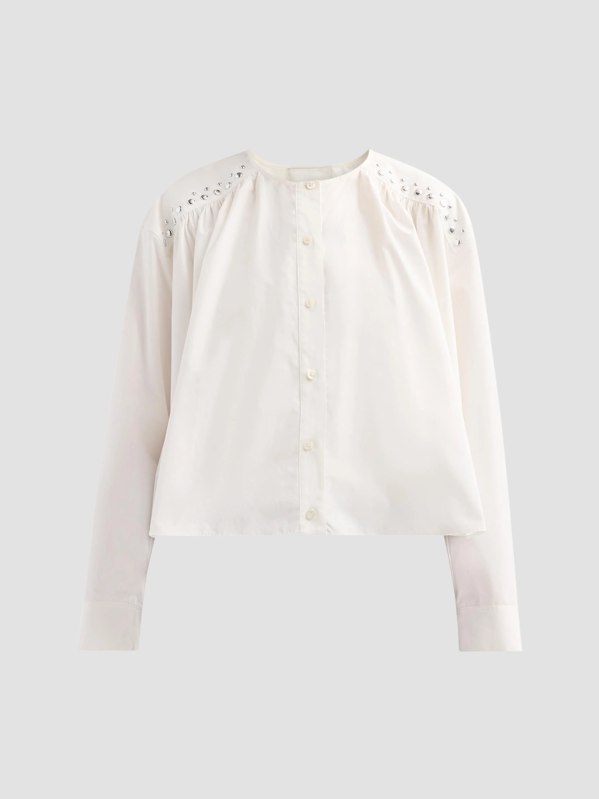 Women's Studded Cotton Poplin Gathered Blouse - White - 1