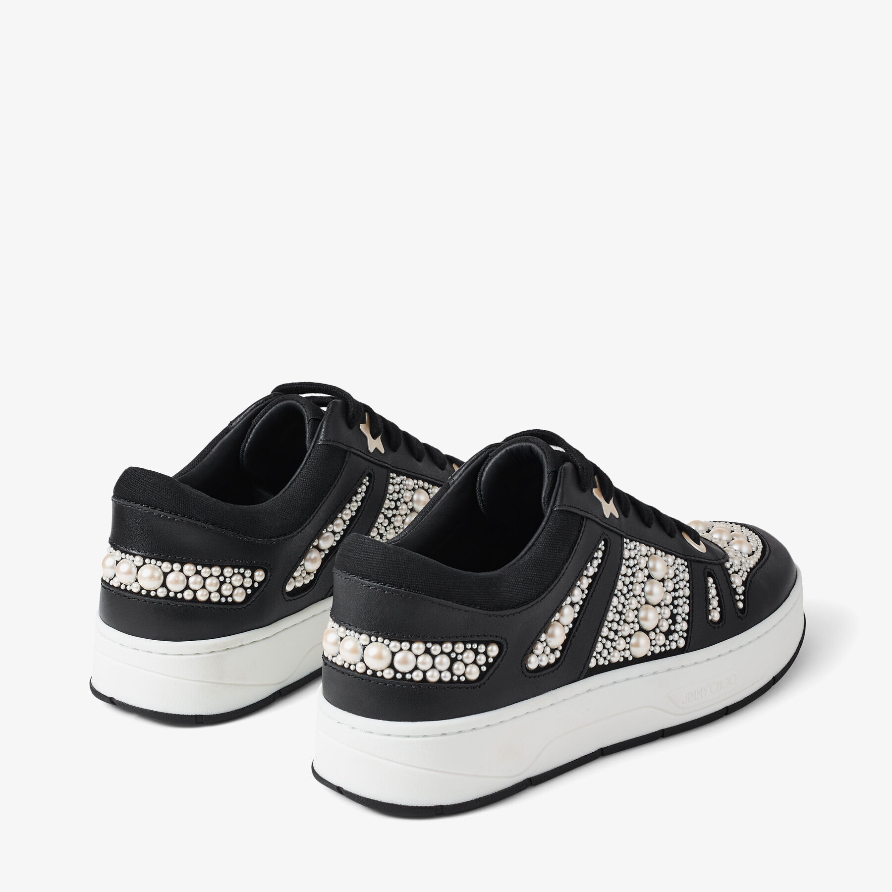 Hawaii/F
Black Calf Leather and Canvas Low Top Trainers with Pearl Embellishment - 4