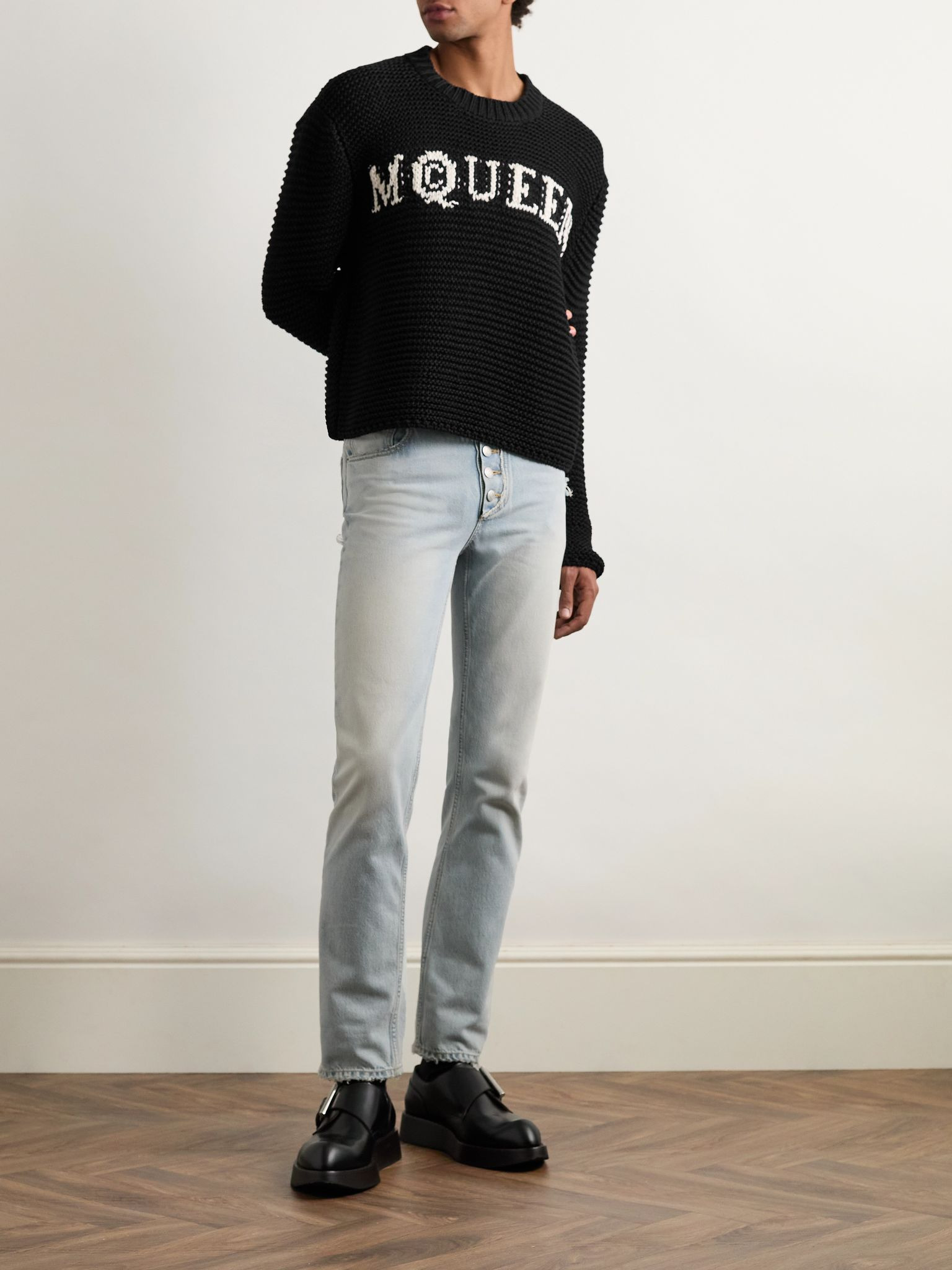Cropped Ribbed Logo-Jacquard Cotton Sweater Black - 2