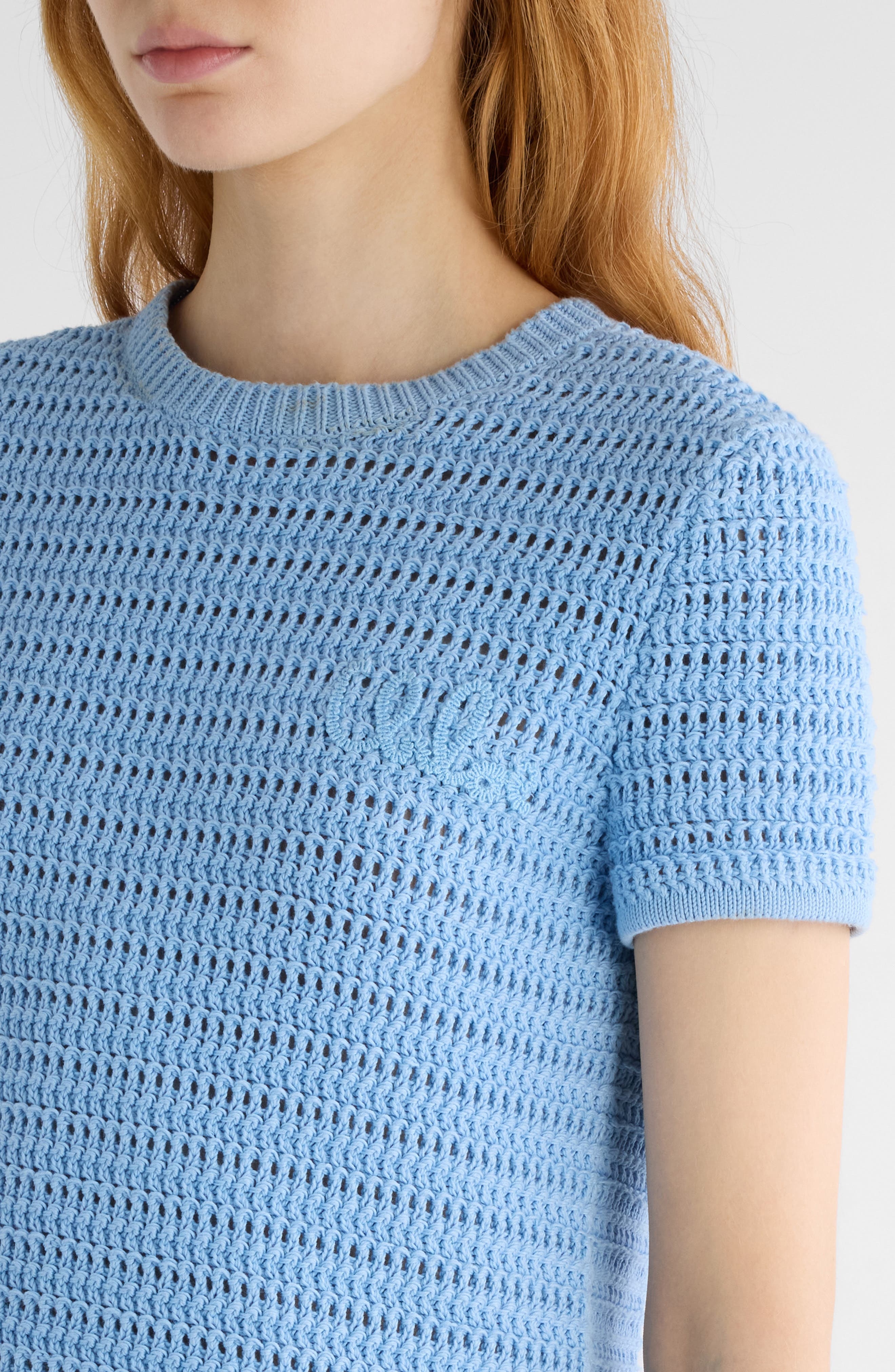 Chloé Open Knit Short Sleeve Organic Cotton Sweater in Softy Blue at Nordstrom - 4