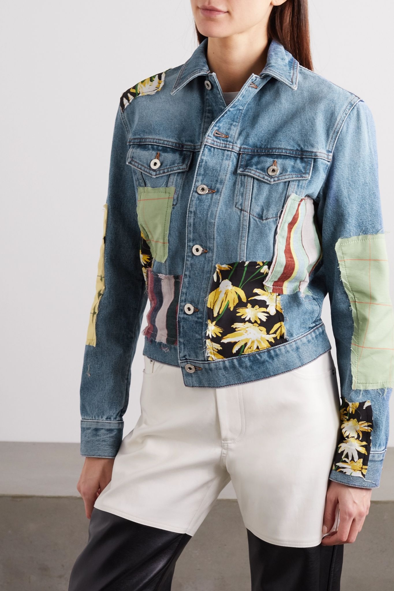 Patchwork denim printed cotton and silk-blend jacket - 3