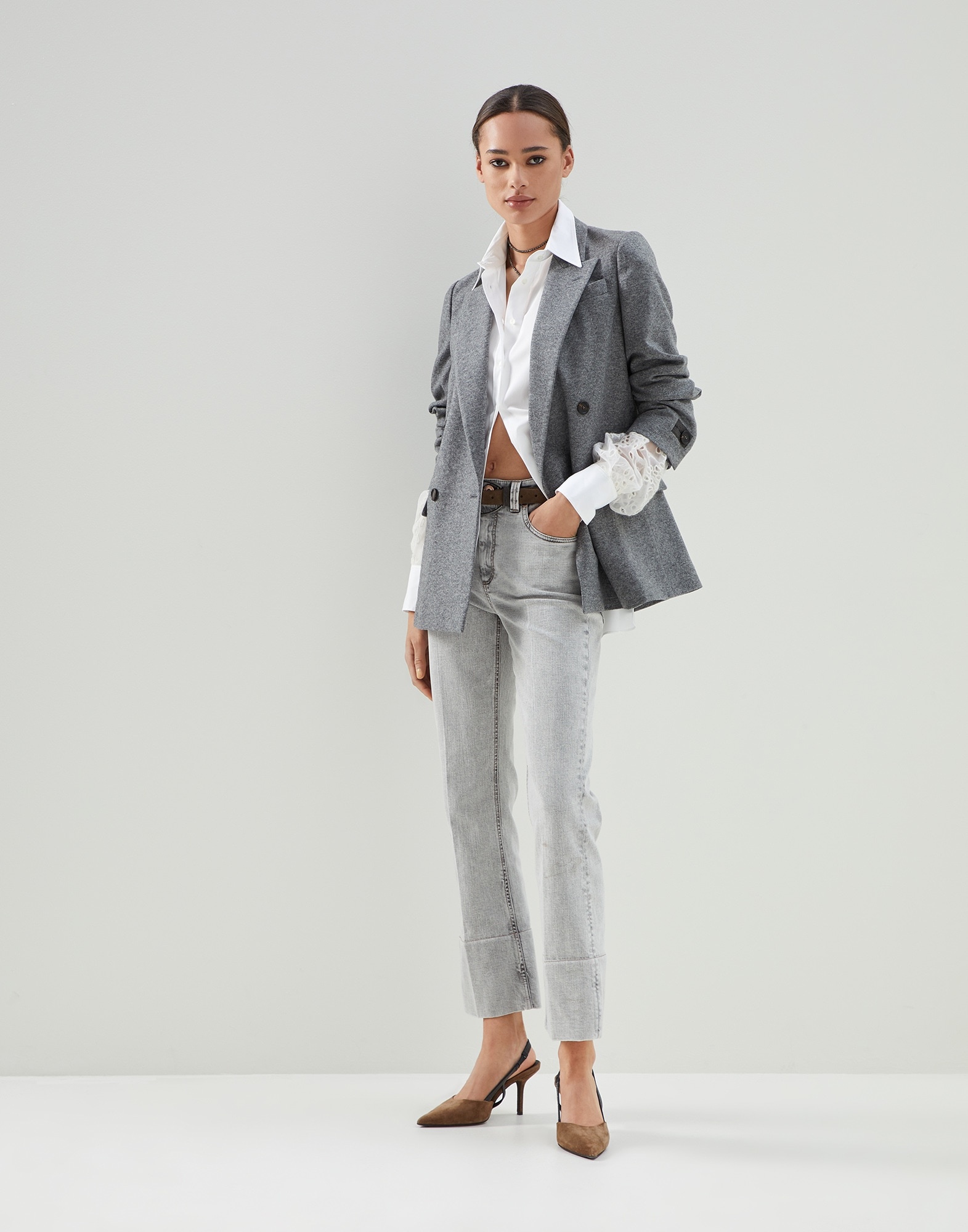 Comfort denim flared trousers with shiny tab - 4