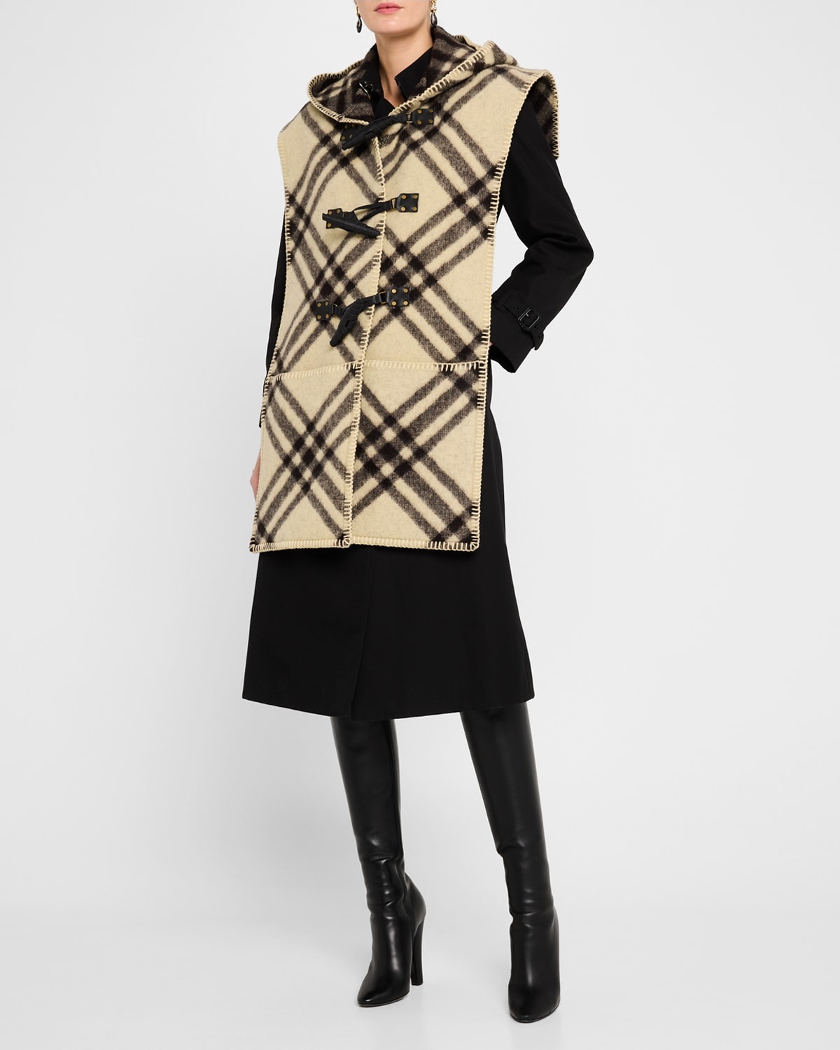 Calf Leather Check-Print Hooded Cape - 1