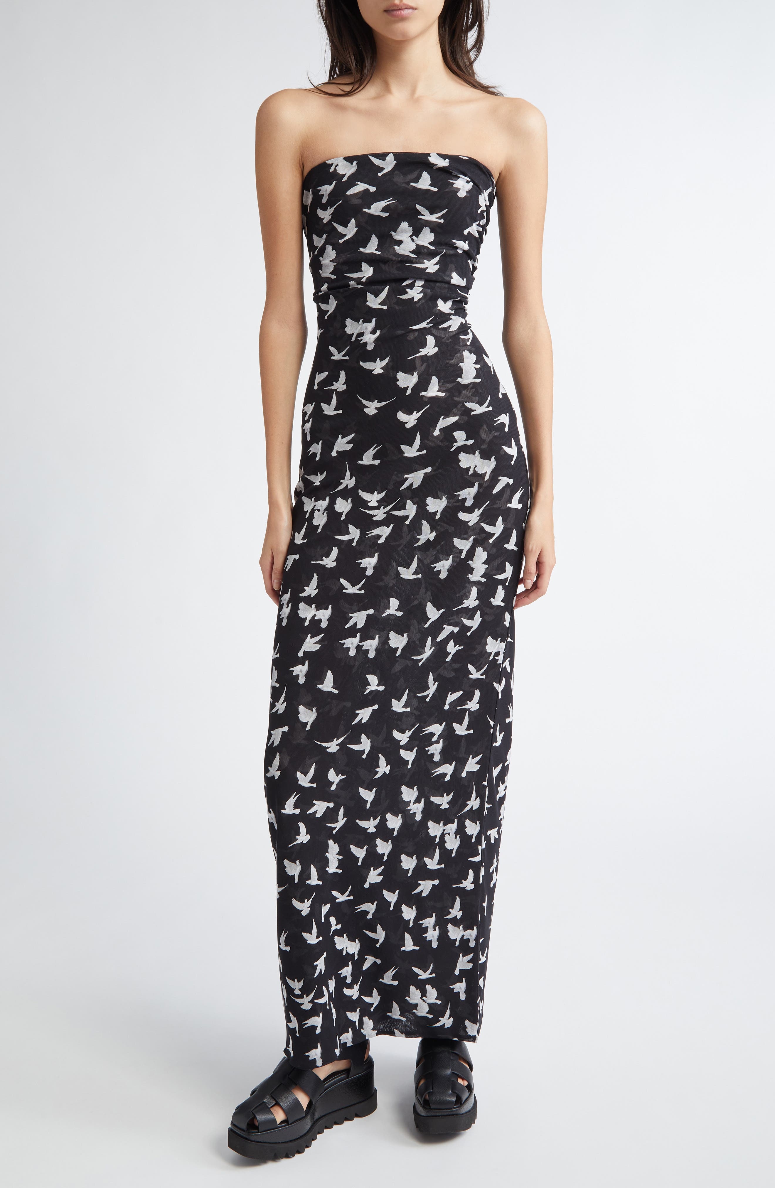 Stella McCartney Flying Bird Haze Gathered Strapless Mesh Dress in Black at Nordstrom - 1