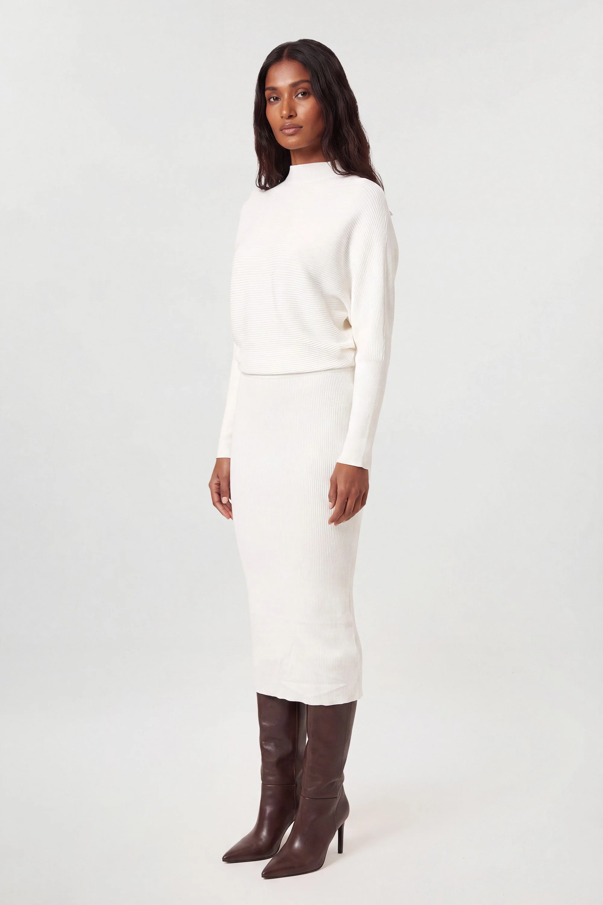Slinky Drape Knit Bat Wing Pencil Midi Dress - 1