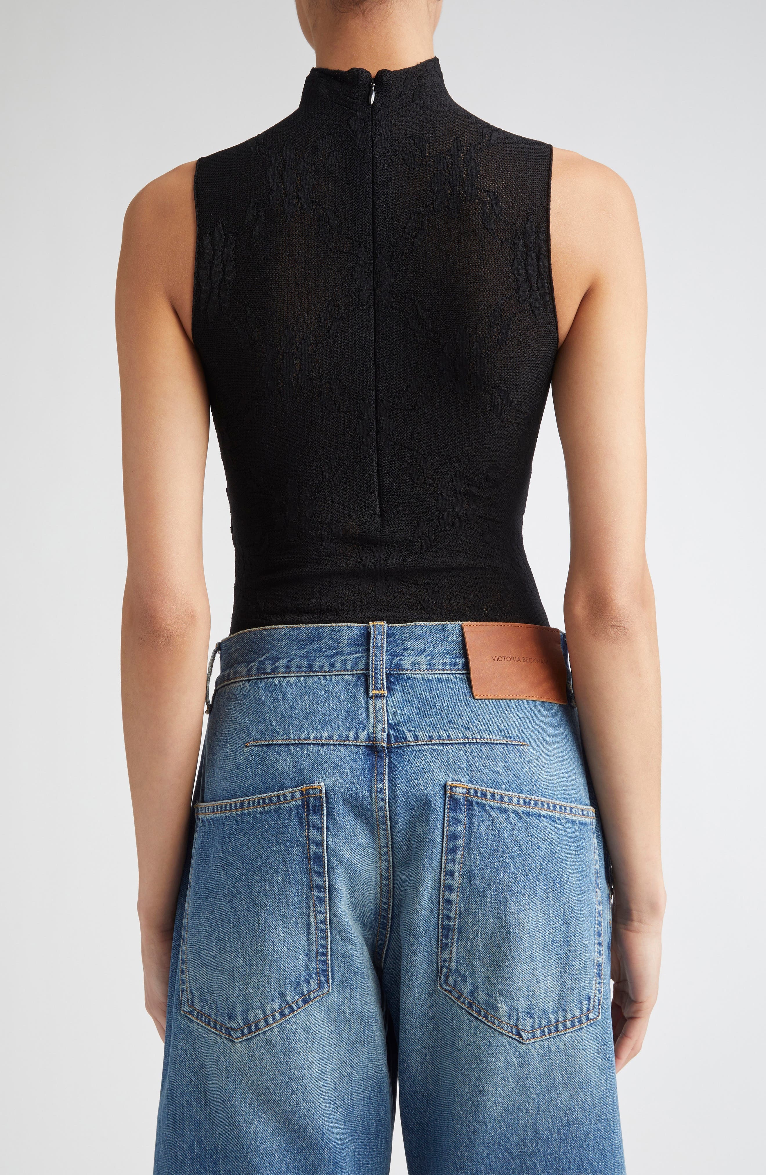 Victoria Beckham Funnel Neck Sleeveless Lace Bodysuit in Black at Nordstrom - 3